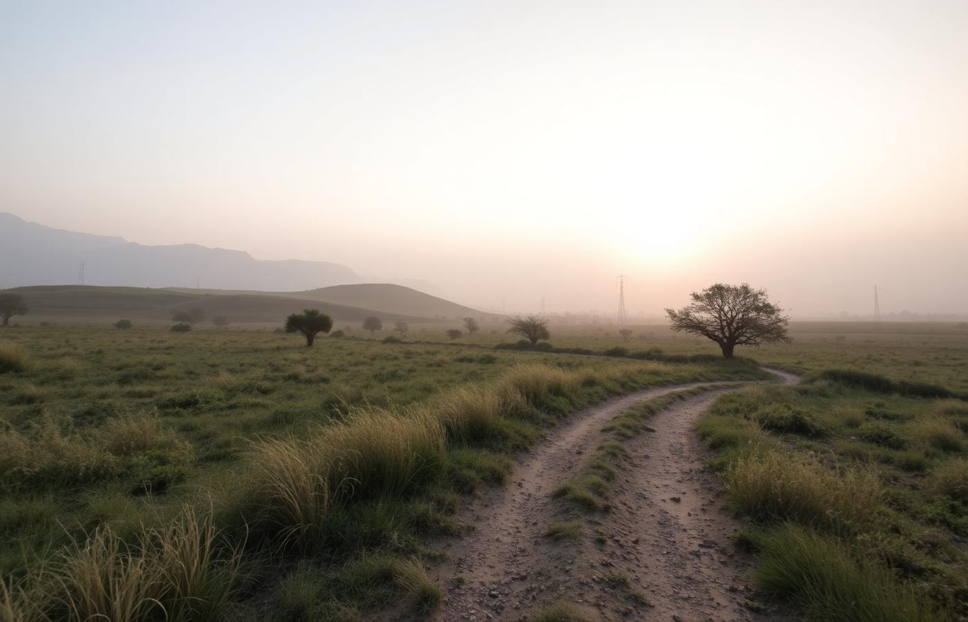 Open protected grassland with a dirt track at sunrise near Karachi