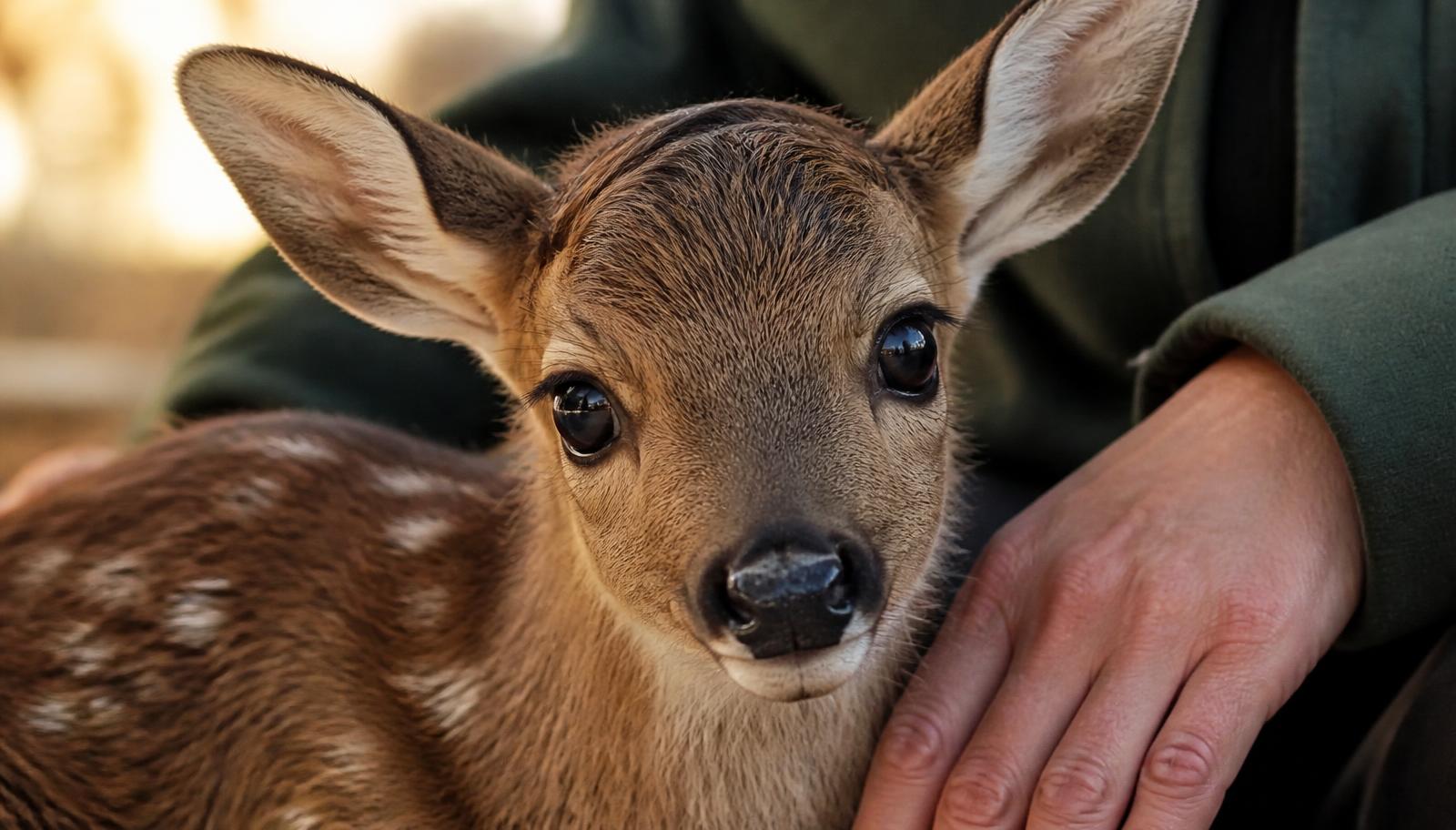A rescued fawn resting beside a caretaker's hand in soft morning light