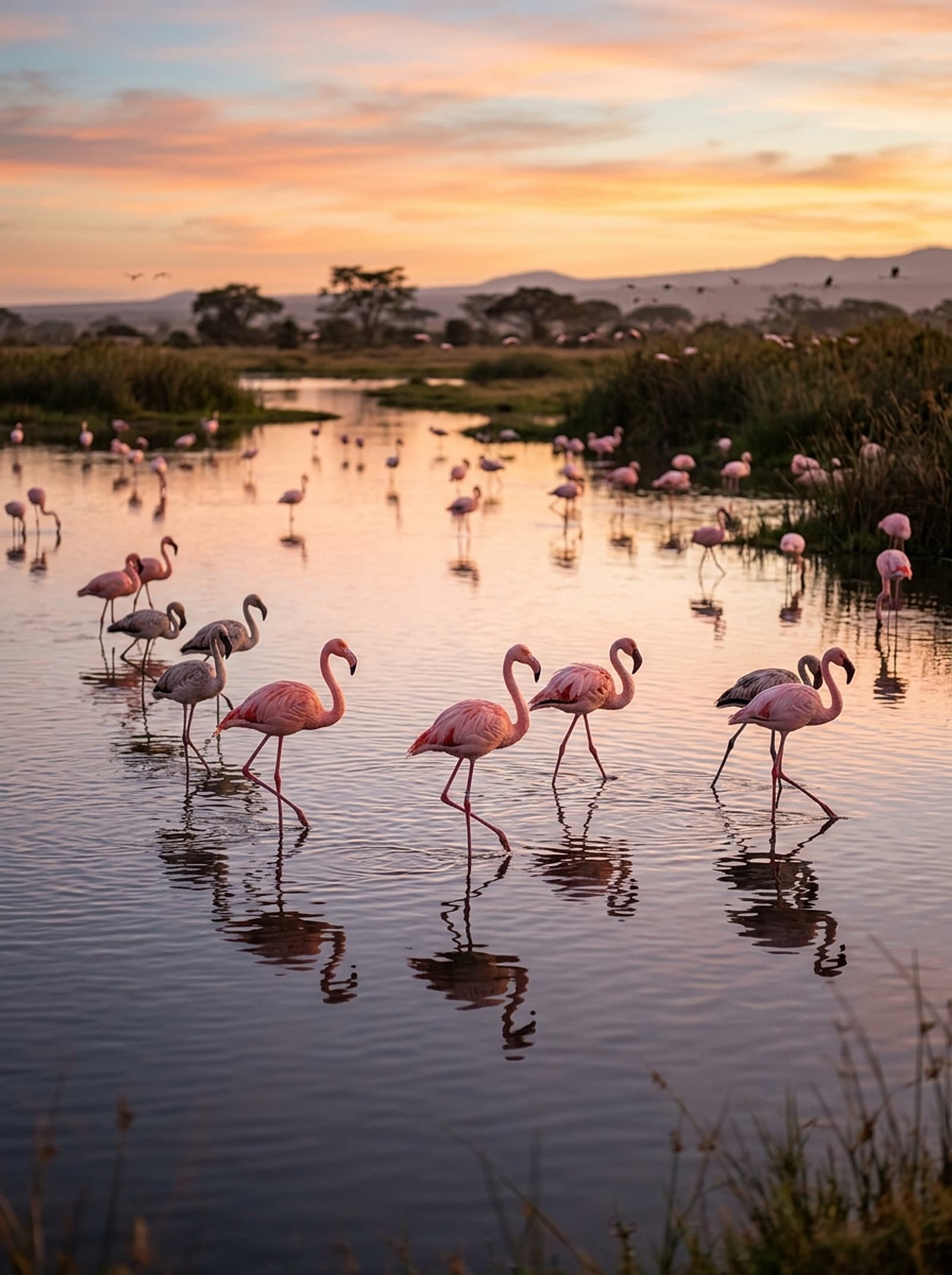 Flamingos wading in shallow wetland water at dawn