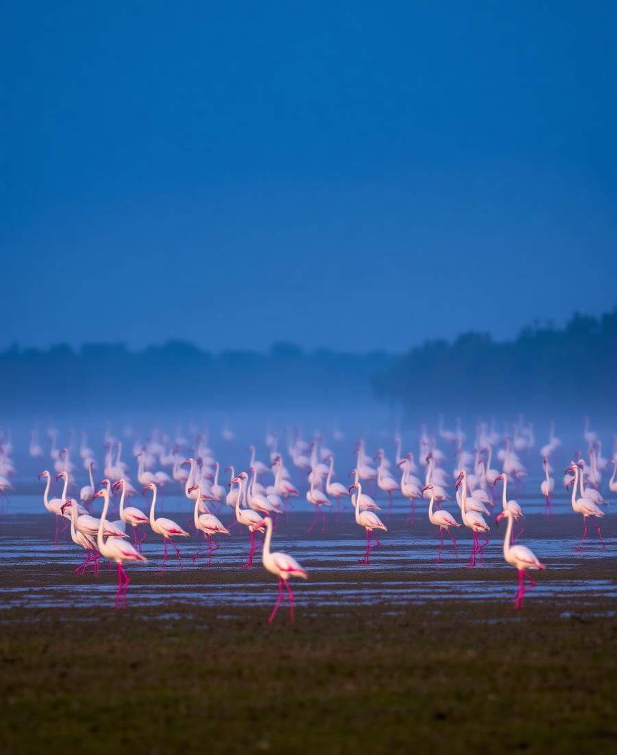 Flamingos wading in shallow wetland water at dawn