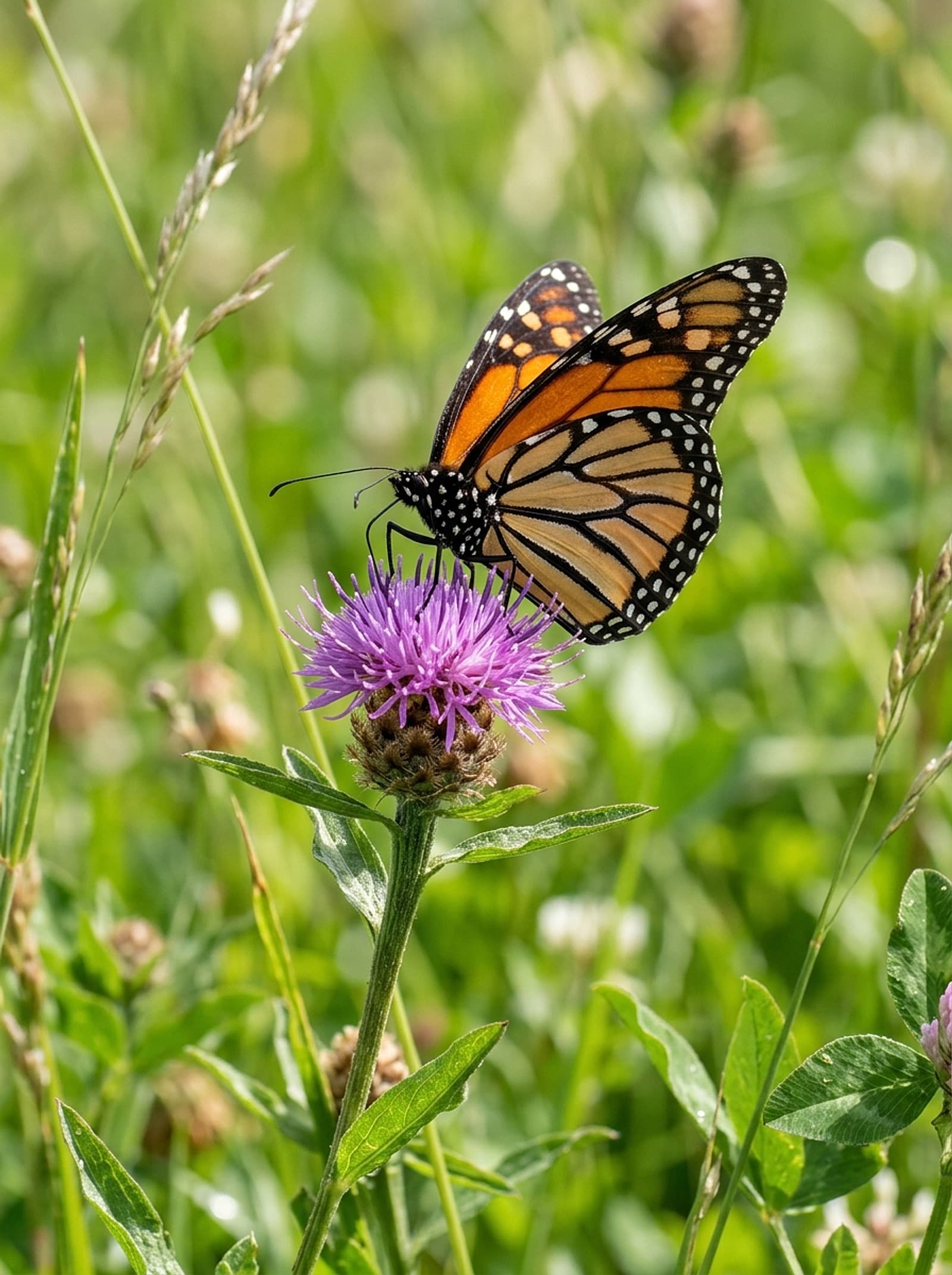 Butterfly resting on a wildflower in a green habitat