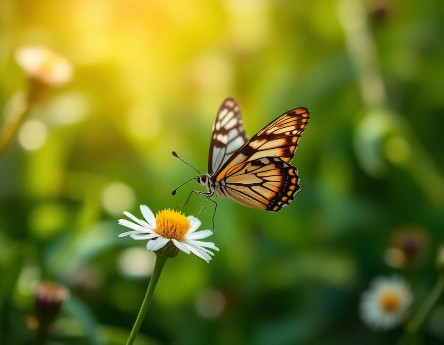 Butterfly resting on a wildflower in a green habitat