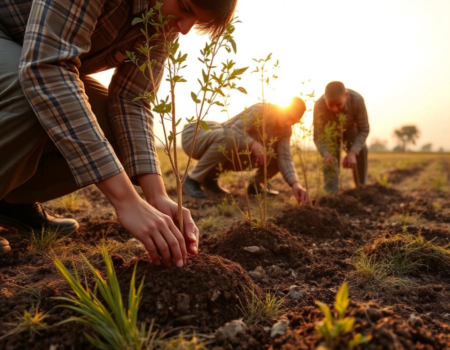 Volunteers planting native saplings on open grassland at sunset