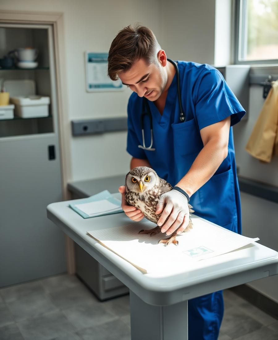 Veterinarian examining a rescued owl on an examination table