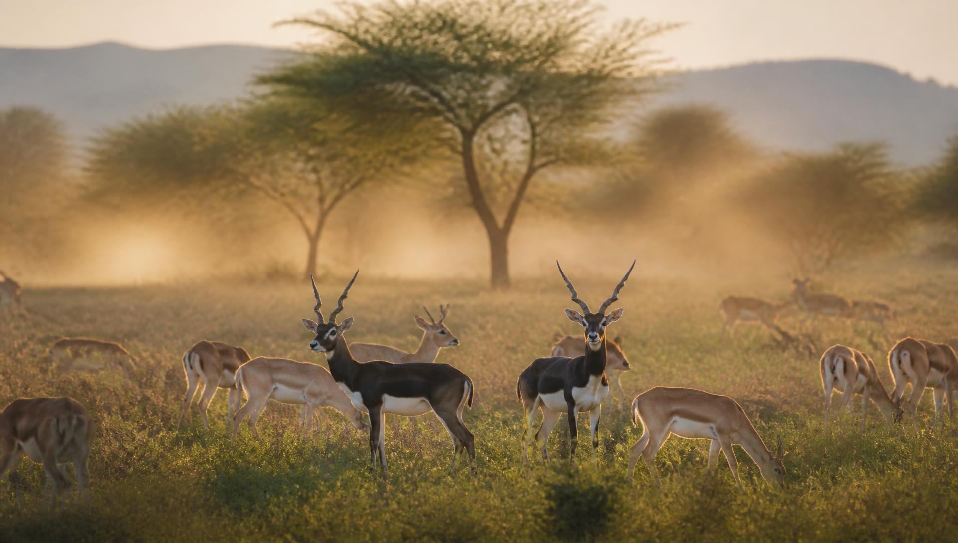 Blackbuck and chinkara grazing on protected grassland at golden hour