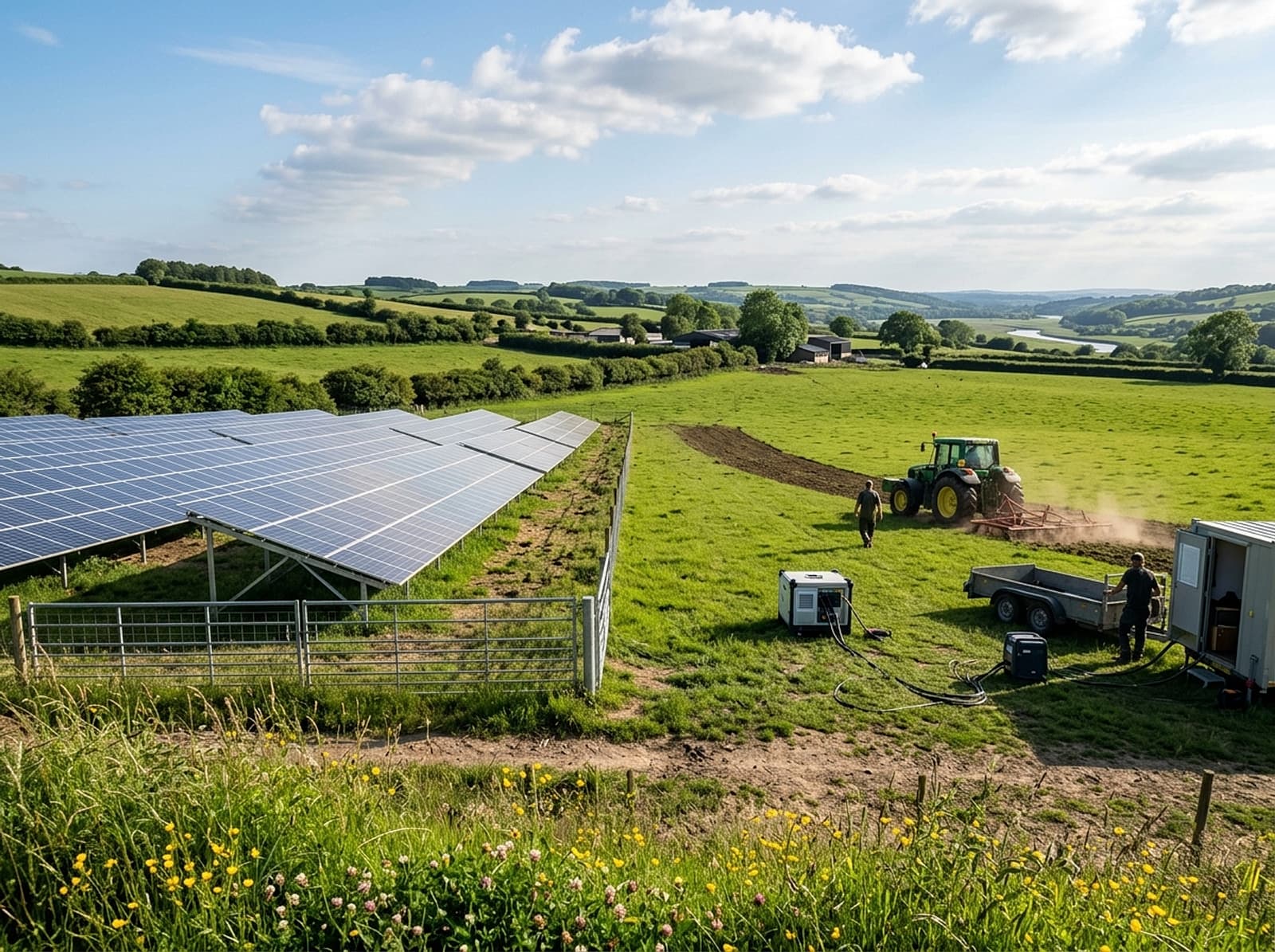 Solar array powering field operations beside green grassland