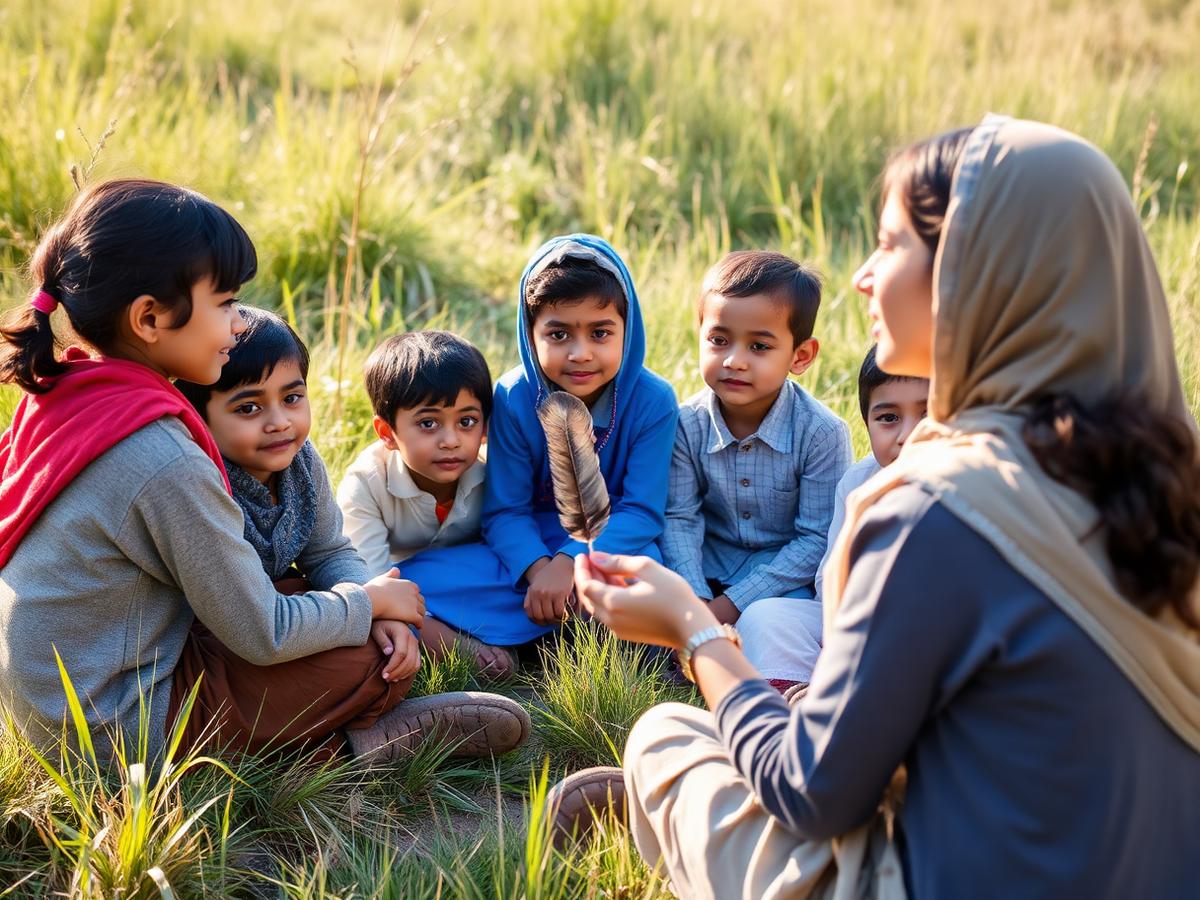Schoolchildren learning about birds during an outdoor conservation session