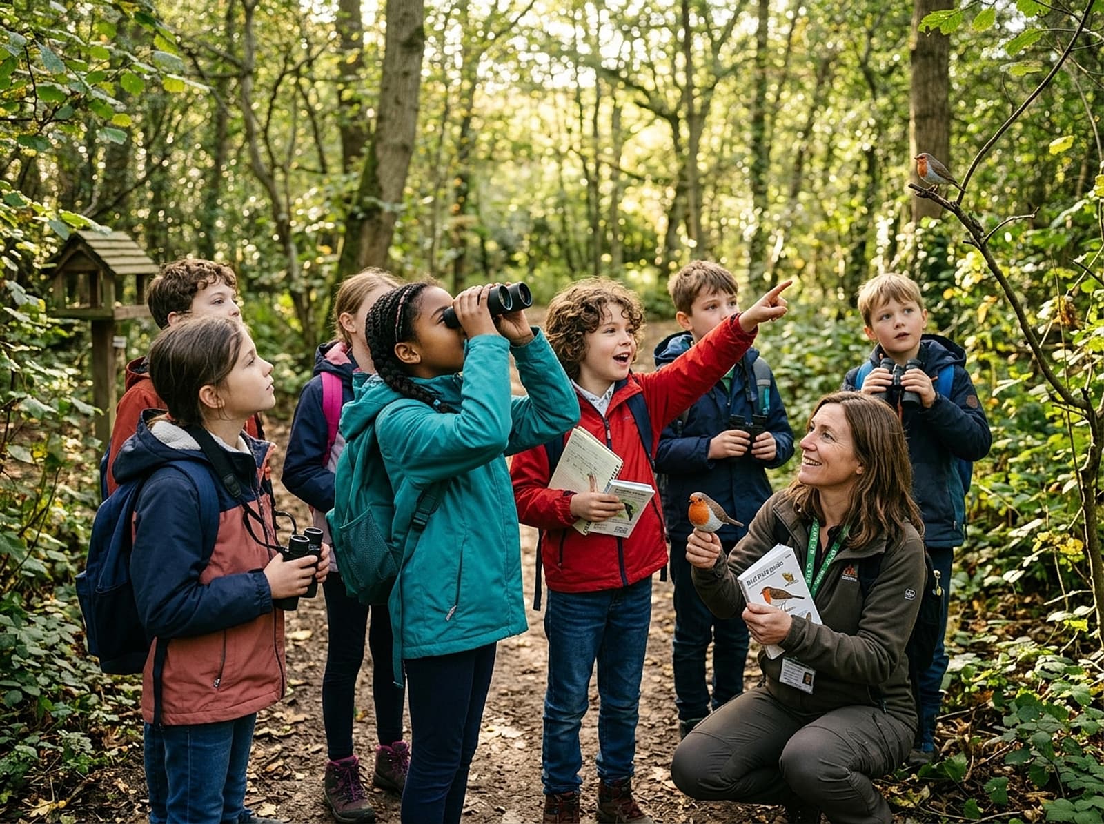 Schoolchildren learning about birds during an outdoor conservation session