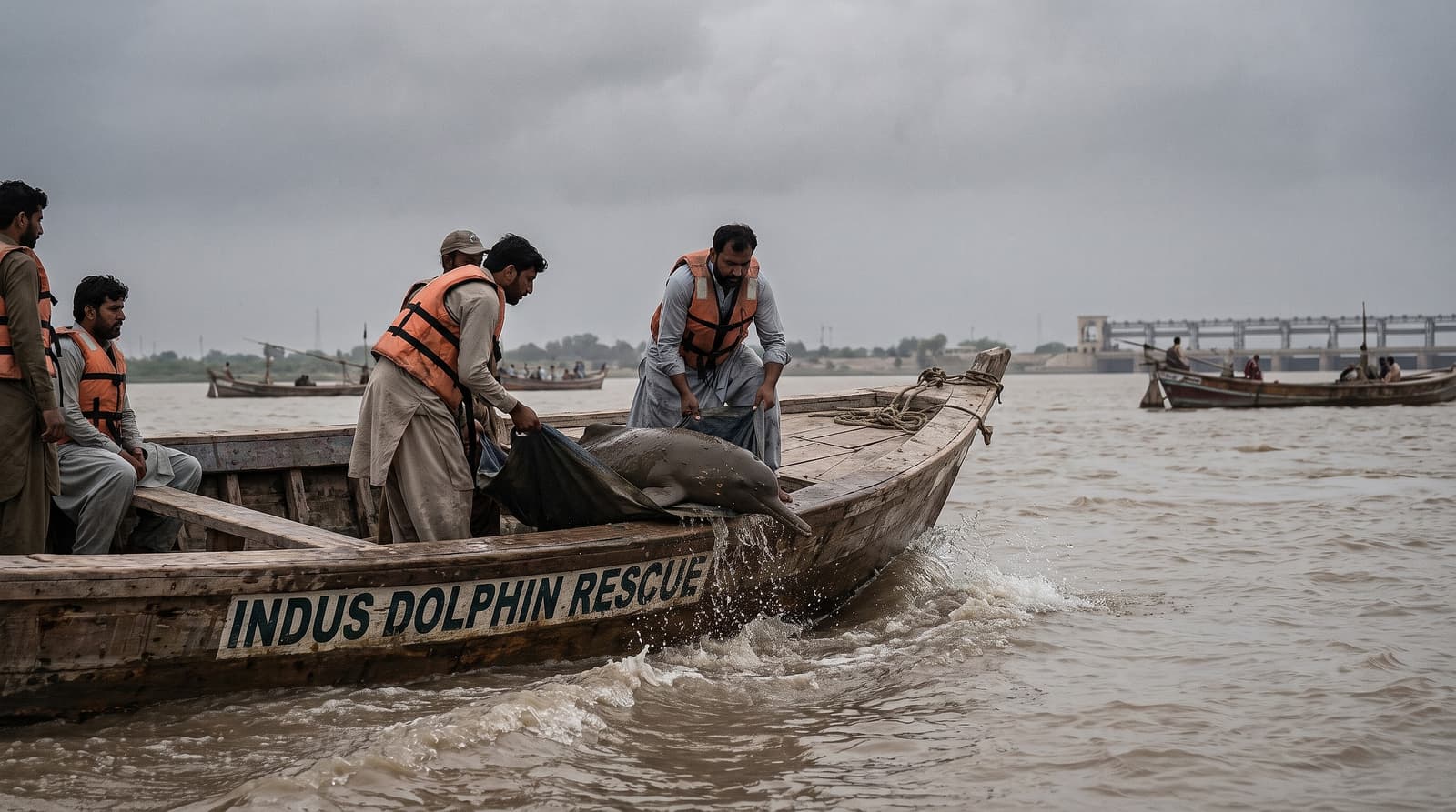 Indus Dolphin Rescue team carefully transporting a rescued river dolphin near Sukkur, Sindh
