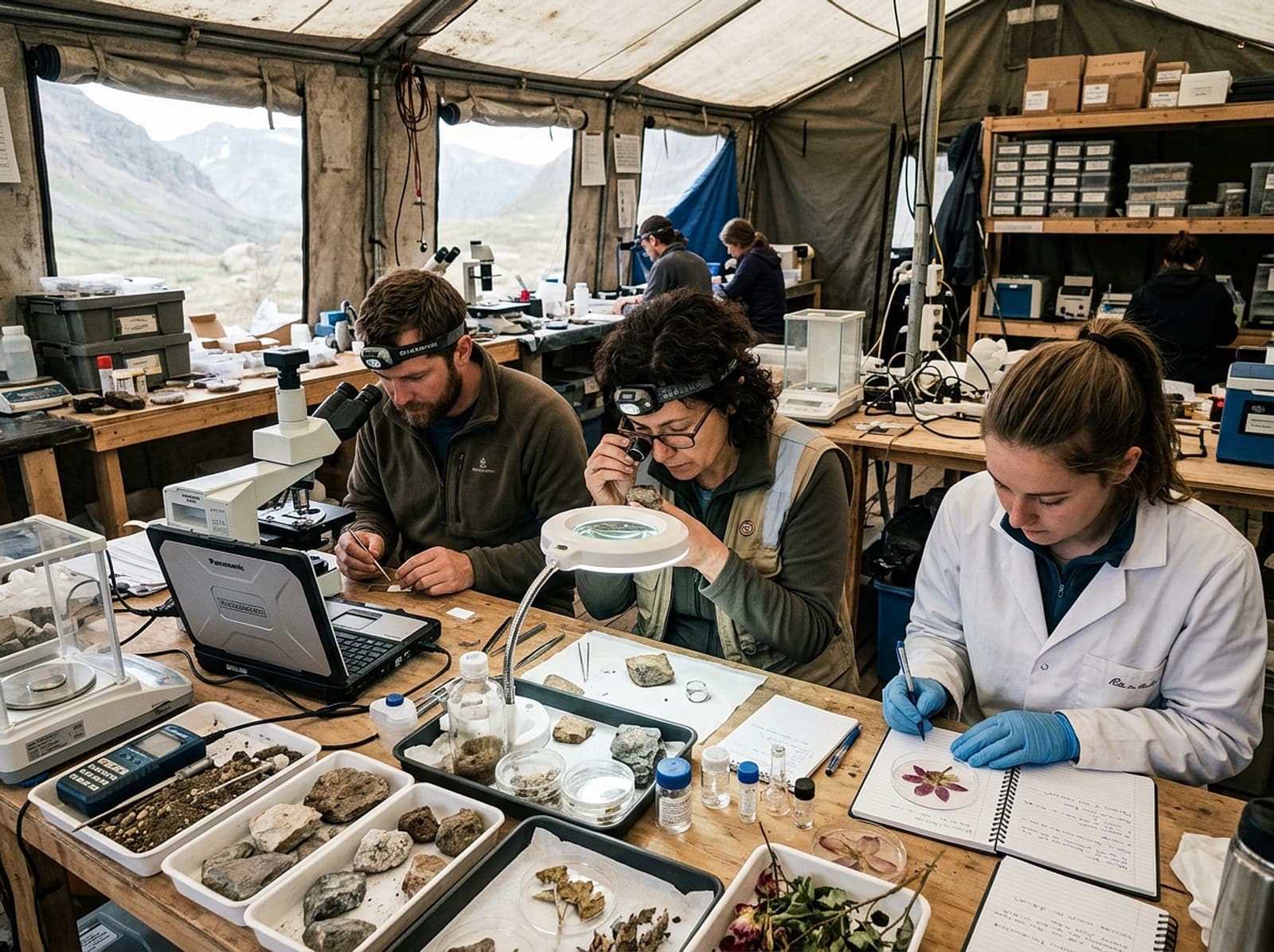 Researchers examining specimens in a field research laboratory