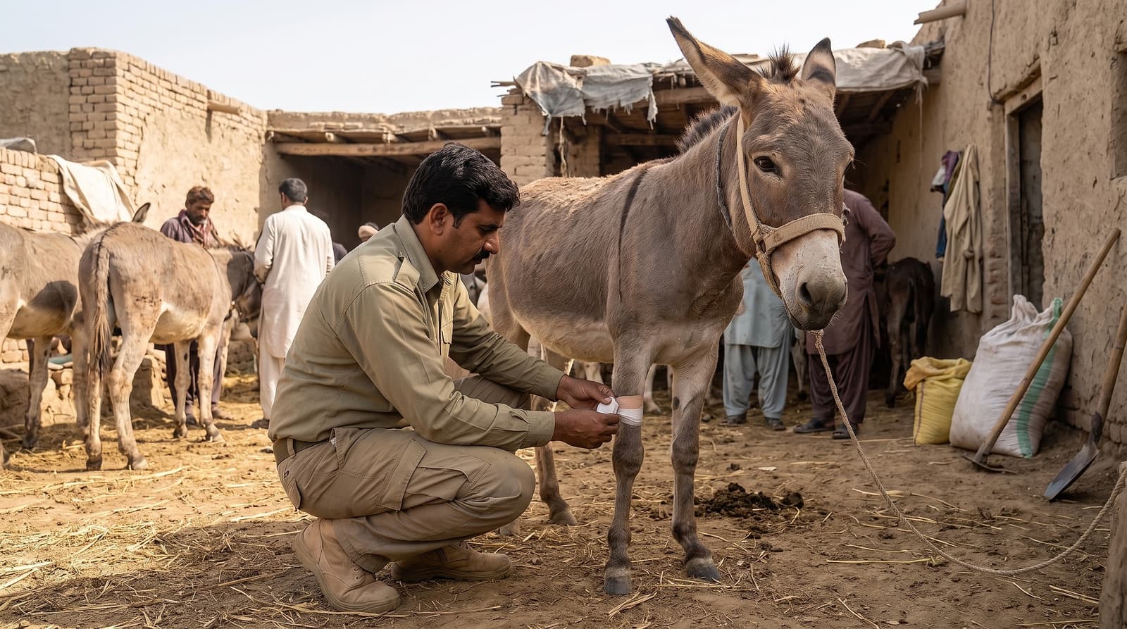 Veterinarian in field gear treating and bandaging a rescued working donkey in a rural sanctuary